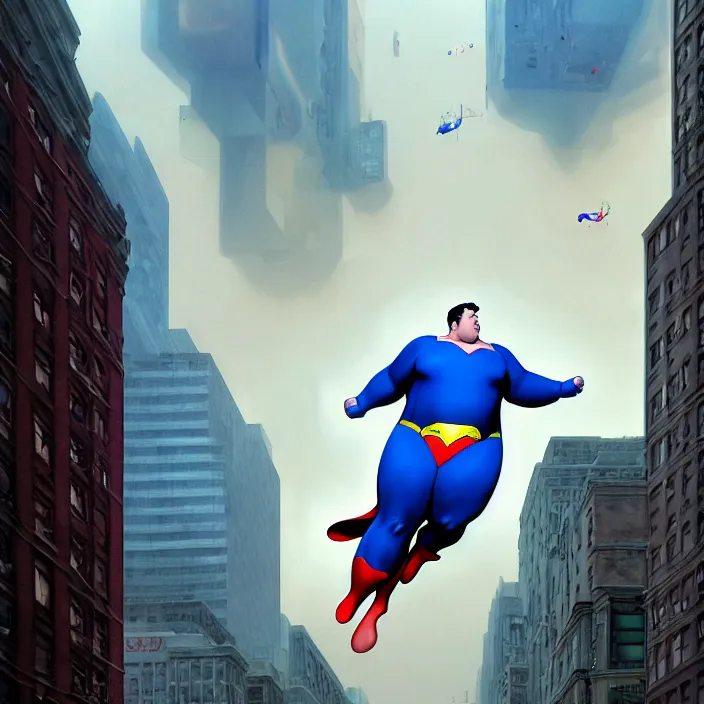 Image similar to hyperrealistic mixed media portrait of a a mordidly obese superman floating through the air over empty city streets at midnight, despair, stunning 3d render inspired art by P. Craig Russell and Barry Windsor-Smith + perfect facial symmetry + dim volumetric lighting, 8k octane beautifully detailed render, post-processing, extremely hyperdetailed, epic composition, grim yet sparkling atmosphere, cinematic lighting + masterpiece, trending on artstation