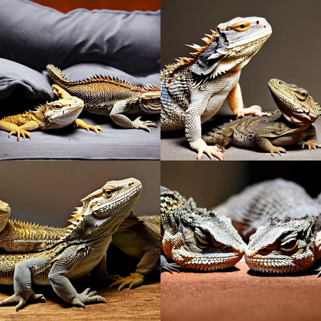 Prompt: two bearded dragons sleeping under the belly of a grey british cat