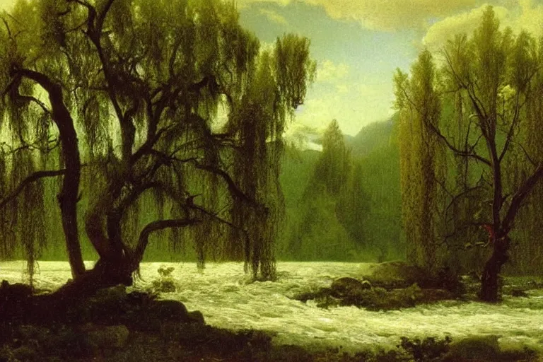 Image similar to oil painting of a willow tree next to a raging river by albert bierstadt