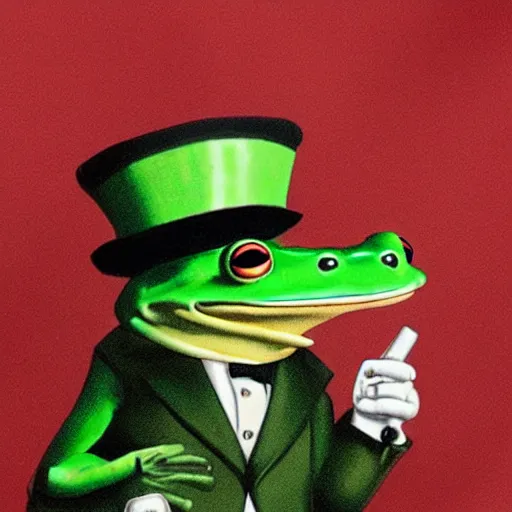 Prompt: a frog wearing a top hat, realistic photo