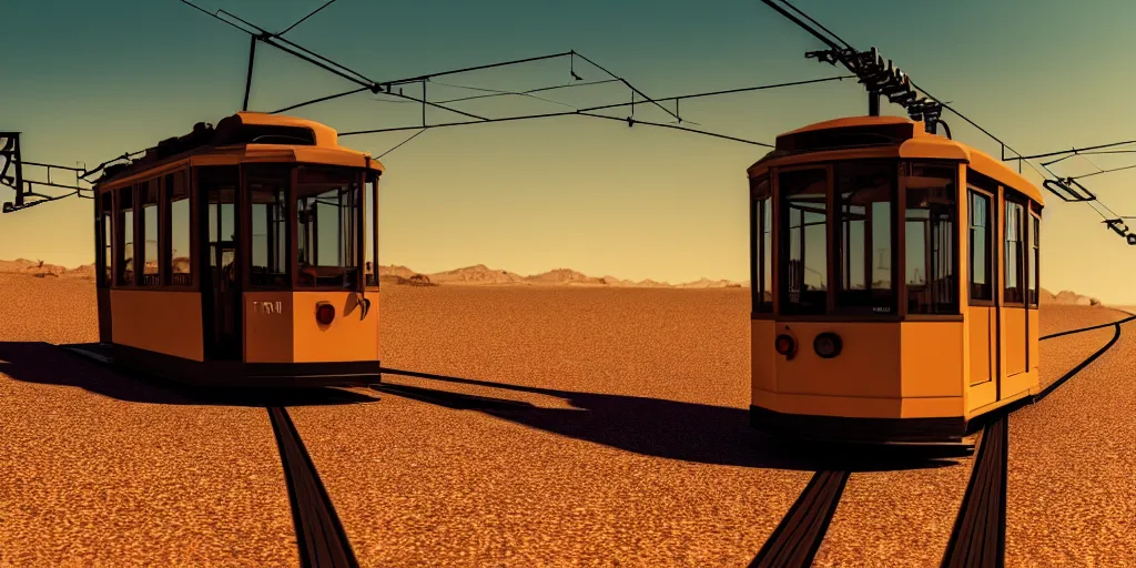 Image similar to tram in the desert ， worldcreator ， 4 k resolution, ultra wide angle, cinematic, octane render