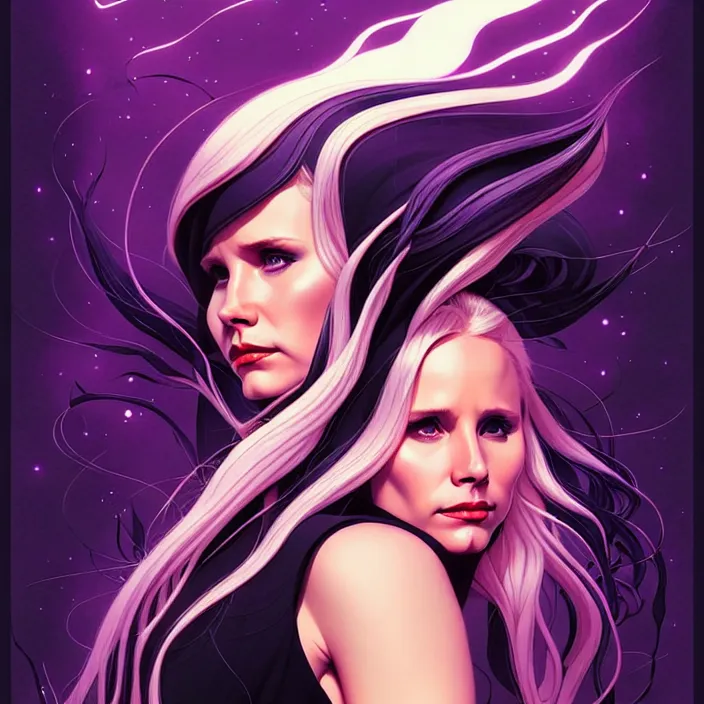 Image similar to style artgerm, joshua middleton, gerald brom, beautiful kristen bell with black dress, very long white hair, symmetrical face, symmetrical eyes, purple fire powers fire swirling, detailed, forest setting, cinematic lighting