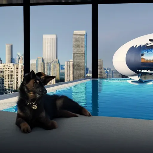 Prompt: a swanky gsd puppy relaxing at a swanky pool on a swanky penthouse rooftop with a futuristic blimp anchor in the background, futuristic cityscape, 8K, 4K, photorealistic, ultrarealistic, UE5, Octane, 3D, digital art, RTX, Ray Tracing, Bokeh, happening vibe