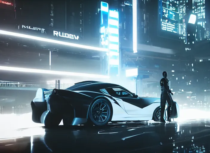 Image similar to cyberpunk F1 Driver crossed arms black white race suit blue emissive standing next to 2034 sports car RX7 S15 MK5 Supra GTR Bladerunner 2049 still screengrab beautiful cinematography wallpaper render Volumetric Lighting UE4 RTX Jim Burns Flickr 50mm lens, f1.8