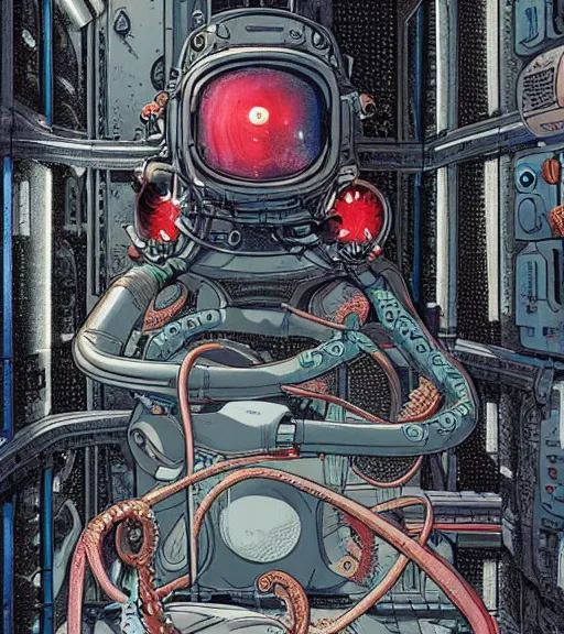 Image similar to a cybernetic realistic octopus in a space station, techwear, Industrial Scifi, detailed illustration, character portrait, by Martin Grip Banksy and Moebius