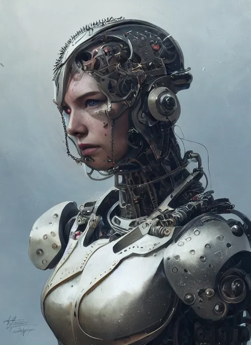 Prompt: A portrait of a female cyborg in armour heellraiser by Greg Rutkowski, Sung Choi, Mitchell Mohrhauser, Maciej Kuciara, Johnson Ting, Maxim Verehin, Peter Konig, final fantasy, 8k photorealistic, cinematic lighting, HD, high details, dramatic, atmospheric , trending on artstation