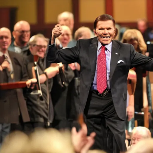 Prompt: kenneth copeland holding an axe chasing crowd in church