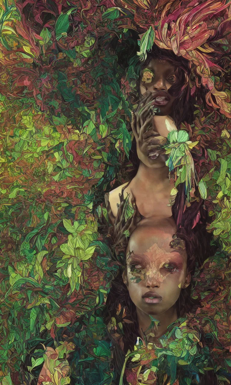 Image similar to A black woman having a reality bending psychedelic experience, colorful, distorted, surreal, tropical leaves and feathers, dramatic lighting on the face, intricate, elegant, highly detailed, digital painting, concept art, smooth, sharp focus, illustration, art by Krenz Cushart and Wayne Barlowe and alphonse mucha