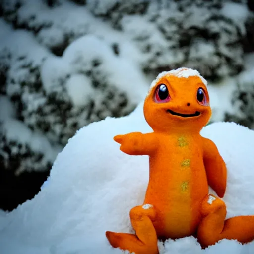 Prompt: charmander made of snow, photography