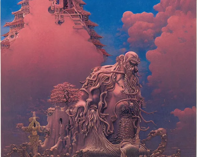 Prompt: strange weird occult pagan japanese garden with a big ancient god fountain, very vibrant, by beksinski bosch and james jean, ross tran, sky by damien hirst, very cohesive, serenity, hyperminimalist, 8 k, surreal oil painting, highly detailed, dream like, masterpiece