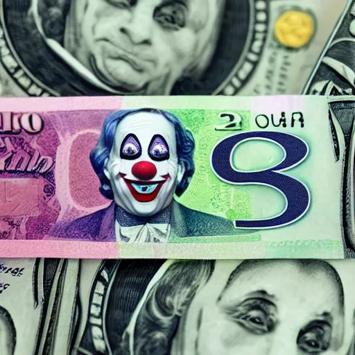 Image similar to A dollar banknote with a colorful clown face printed on it in the middle, whiteface makeup