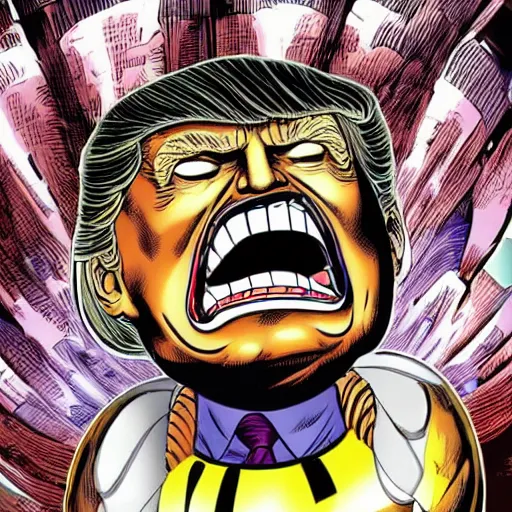 Image similar to donald trump's head as modok, the mental organism designed only for killing, little man in hovering throne, full body, psychic alien with huge head, marvel supervillain character