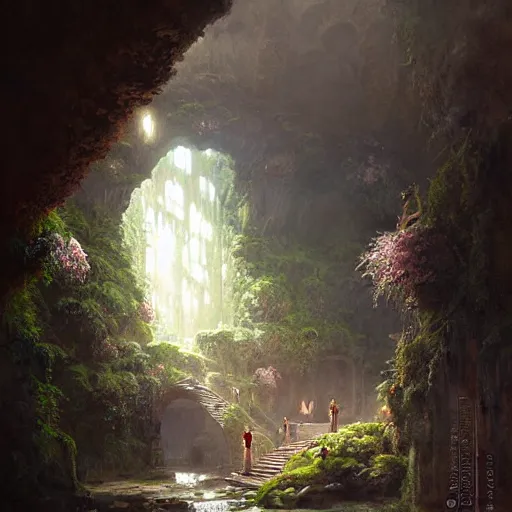 Image similar to bathhouse hidden in a cave, natural light, lush plants and flowers, elegant, intricate, fantasy, atmospheric lighting, by Greg rutkowski