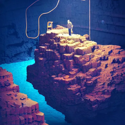 Image similar to Mining for Bitcoin between the rocks with a pickaxe. Mineshaft background. By Beeple. Extremely detailed. Digital art.