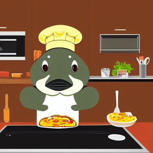 Prompt: cute platypus on a kitchen wearing a chef hat and holding a lasagna into an oven, minimalistic logo style