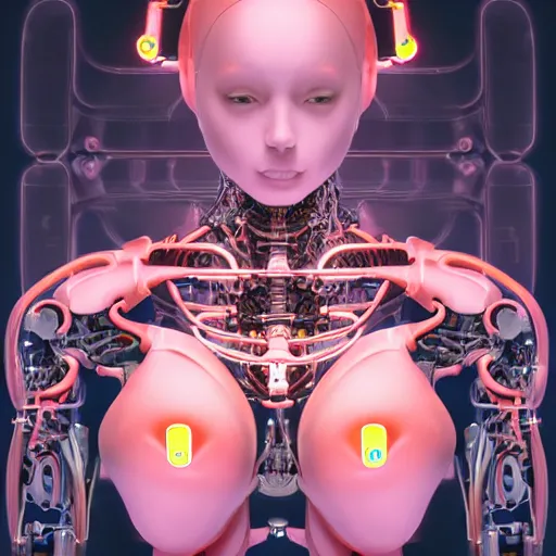 Prompt: an extremely beautiful biomechanical female robot with large emoji, twins, neon jacuzzi, oppai cyberpunk, chimeric organism, pale skin, organic polycarbon, full frontal portrait, highly detailed, transhumanist hydration, light bath, symmetrical, goddess, mendelbrot fractal, ray tracing, hyperdetailed, hyperrealistic, trending on artstation, octane render, hdr, uhd, in the style of trevor brown 4k