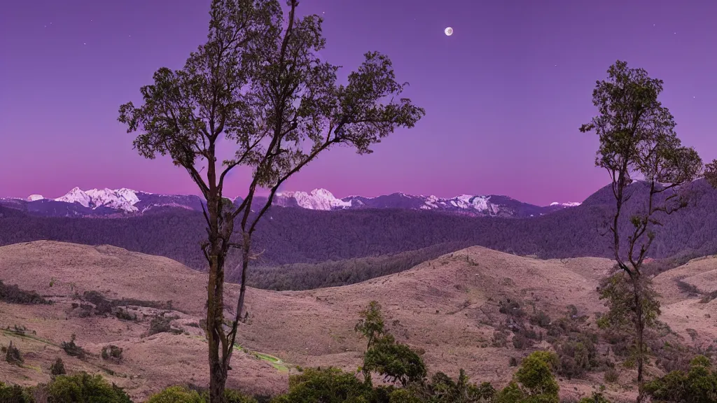 Image similar to Panoramic photo where the mountains are towering over the valley below their peaks shrouded in mist. The moon is just peeking over the horizon and the purple sky is covered with stars and clouds. The river is winding its way through the valley. The tree are a bright blue.