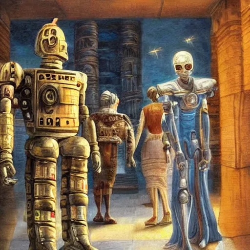 Prompt: Robots from the future visiting the ancient library of Alexandria. Fantasy oil painting.