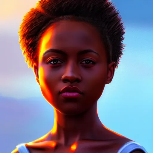 Image similar to a Photorealistic dramatic hyperrealistic bright eyes, African American girl, beautiful hair, by Sam yang, samdoesart, Beautiful dynamic dramatic bright sunset lighting,shadows,cinematic atmosphere,Artstation,concept design art, digital painting, 8k