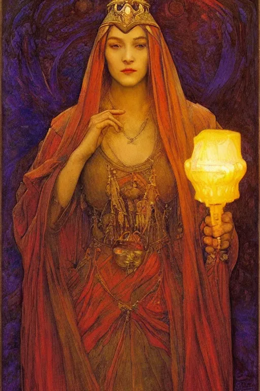 Image similar to queen of the dawn with her lantern, by Annie Swynnerton and Nicholas Roerich and jean delville, dramatic cinematic lighting , ornate headdress , flowing robes, lost civilizations, extremely detailed