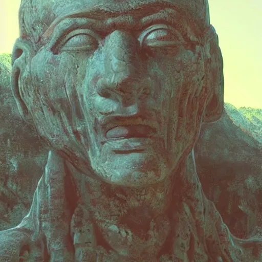 Prompt: highly detailed professional painting of ancient monumental alien bust in mountains trending on artstation, ultra detail, atmospheric lighting
