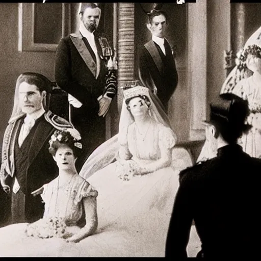 Image similar to Closeup intermediate shot, colored black and white, historical fantasy photographic image of a royal wedding of the groom who is waiting for his wife while appearing utterly afraid. An image from 1907 taken during the royal wedding's official wedding photographer's golden hour displays warming lighting. cinema, hyper realistic, ultra realistic, photorealistic, facial actuary.