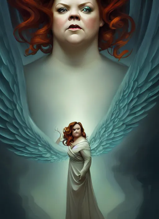 Prompt: melissa mccarthy as an angel, backround dark, highly detailed, digital illustration, trending in artstation, modern painting, smooth, sharp focus, intricate, by peter mohrbacher