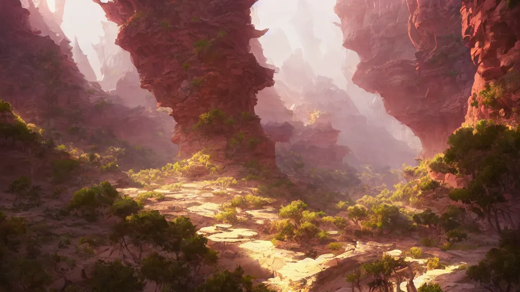 Image similar to an ancient arid prehistoric canyon, by sylvain sarrailh, rossdraws, ambient light, ultra detailed, fantasy artwork, 8 k, volumetric lighting, trending on artstation, award winning, beautiful scenery