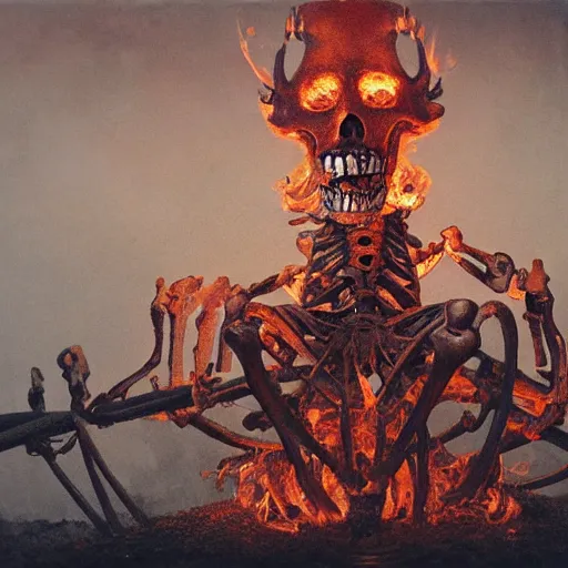 Image similar to a closeup of a skeleton demon riding a carousel in flames, beksinski, dariusz zawadzki