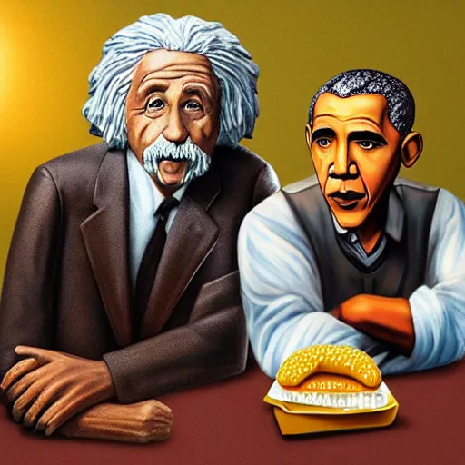 Image similar to Einstein and Obama sitting at McDonalds, ultra detailed, photorealistic, dramatic lighting