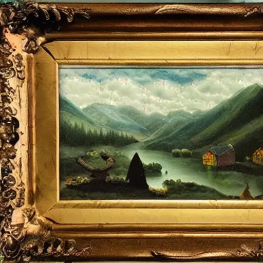 Image similar to 🌲🧙🐄🗻🌉, victorian painting