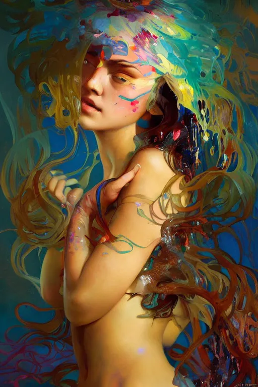 Prompt: an hiper intricate oil painting of a beautifull woman surounded by melting colorfull wax drips, colorfull, excelent composition, wide shot, by yoshitaka amano, by greg rutkowski, by alphonse mucha by jeremyg lipkinng, by rhads, by ross tran, artstation, octane render