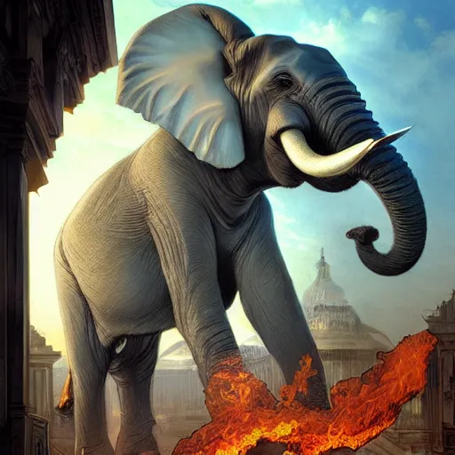 Prompt: an elephant in a business suit burns down the capitol building, highly detailed digital painting, artstation, concept art, smooth, sharp focus, illustration, art by artgerm and greg rutkowski and alphonse mucha