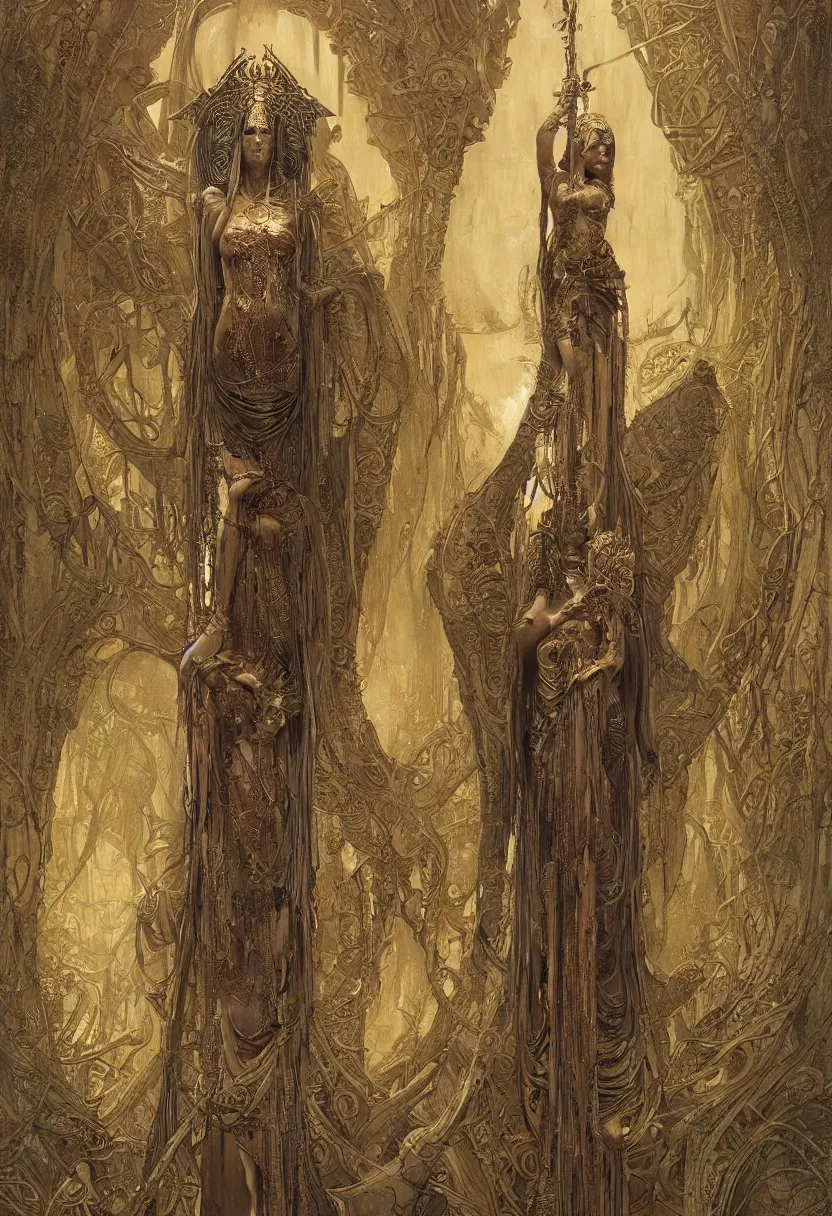 Prompt: the goddess isis, by daniel - by greg rutkowski and raymond swanland hr giger and zdzislaw beksinski and alphonse mucha and moebius, matte painting, hyperdetailed, symmetry, art nouveau, beautiful render, concept art