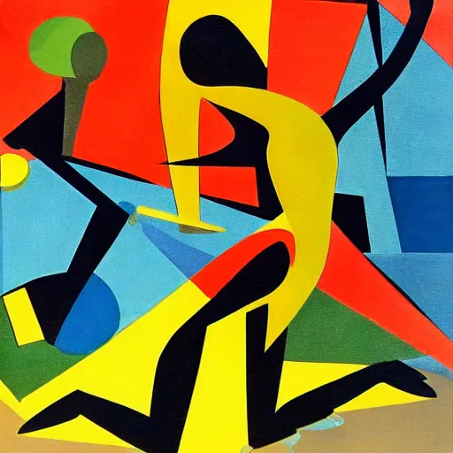 Image similar to beautiful sunset, 1 9 6 0 s woman dancing, cubism, muted colors, texture