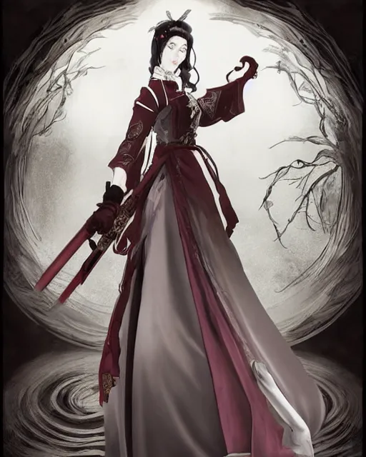 Image similar to lady snowblood movie character, baroque style, elegant, beautiful, mesmerizing, concept art, highly detailed, artstation, behance, deviantart, inspired by innocent manga, inspired by castlevania concept art, trending, ayami kojima, shinichi sakamoto