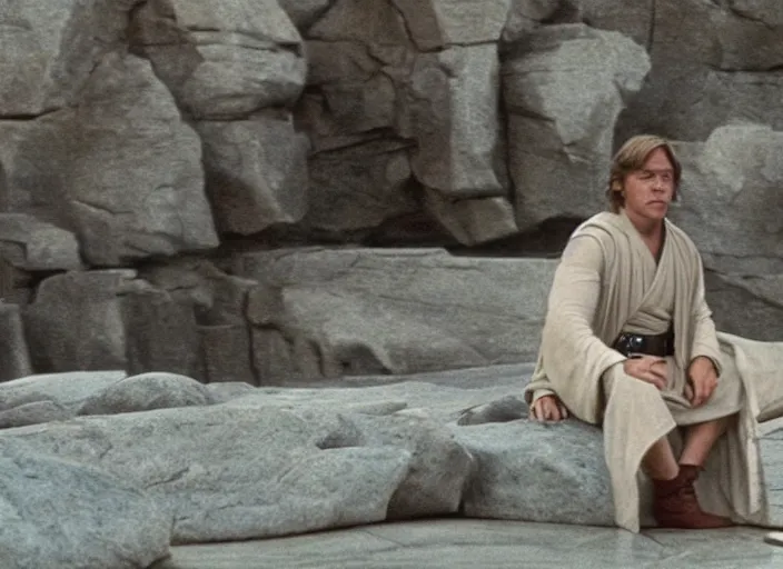 Prompt: screenshot of Luke Skywalker using the force to make rocks float around him, sitting outside on the rocky jedi temple, famous scene from the last jedi, 1980s film directed by Stanley Kubrick cinematic lighting, moody cinematography, with anamorphic lenses, crisp, detailed portrait, 4k image