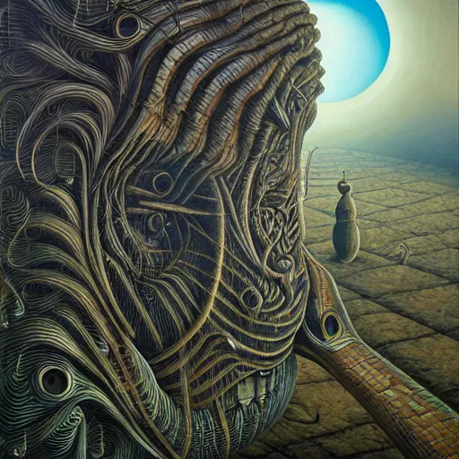 Image similar to her eyes wide by jacek yerka, alex gray, zdzisław beksiński, dariusz zawadzki, jeffrey smith and h.r. giger, oil on canvas, 8k highly professionally detailed, trending on artstation