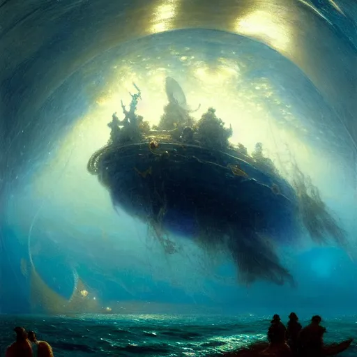 Image similar to point of view of deep in the ocean looking up, you see fishes, higher up you see the splendorous milk way illuminating the sea. highly detailed painting by gaston bussiere, greg rutkowski 8 k