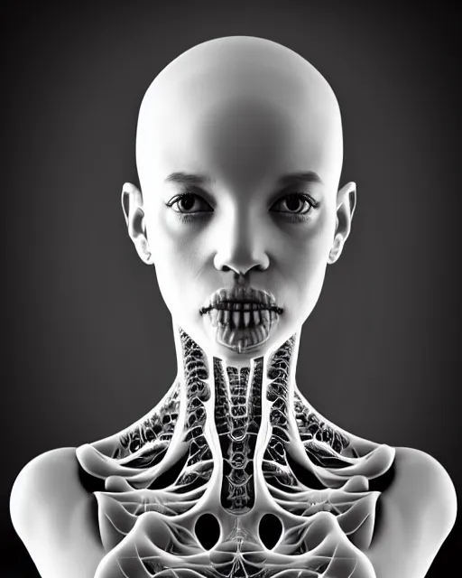 Prompt: a black and white 3D render of a young beautiful female angelic-dragon-cyborg bust with a very long neck, 150 mm lens, Mandelbrot fractal, anatomical, flesh, facial muscles, veins, arteries, full frame, microscopic, elegant, highly detailed, flesh ornate, orchids, cable wires, elegant, high fashion, rim light, octane render, in the style of H.R. Giger and Man Ray, Realistic, Refined, Digital Art, Highly Detailed, Cinematic Lighting, rim light, black and white, photo-realistic, 8K