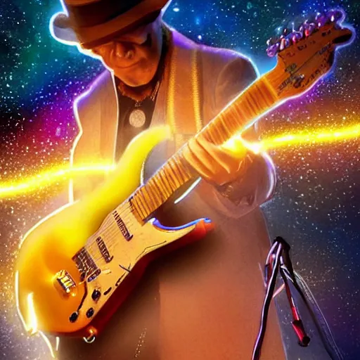 Prompt: a Stevie Ray Vaughn guitarist playing so intensely there is electricity shooting out from his guitar, energy beams under his finger tips, and magic sparkles from the freboard, amazing ditial art, trending on artstation, featured on deviantart