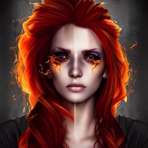 Image similar to a beautiful portrait of a gorgeous female pyromancer with flaming hair, digital art, photorealistic, intricate detail