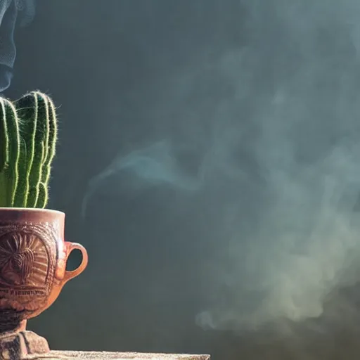 Image similar to spartan drinking tea with trichocereus background and smoke haze, photo in the style of the celestine prophecy