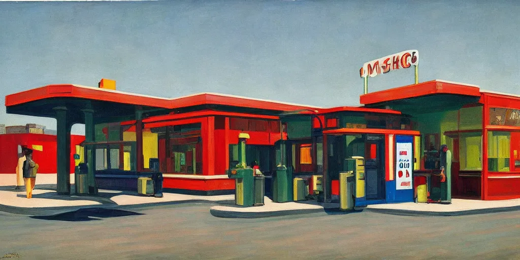 Prompt: American metro wasteland commercial gasoline in the style of Edward Hopper