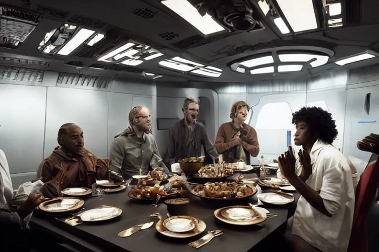 Image similar to movie diverse interracial small team of European sci-fi futuristic space explorers talking at the table in a spaceship kitchen, beautiful skin, Symmetrical faces. Beautiful lighting by Emmanuel Lubezki