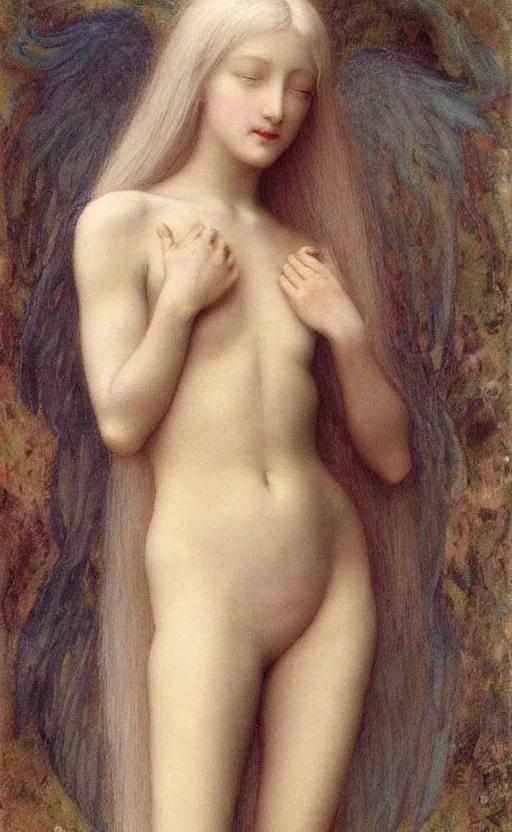 Prompt: Say who is this with silver hair so pale and Wan! and thin? beautiful lone single feminine!! angel, Venus Aphrodite, in the style of Jean Delville, Lucien Lévy-Dhurmer, Fernand Keller, Fernand Khnopff, oil on canvas, 1896, 4K resolution, aesthetic, mystery