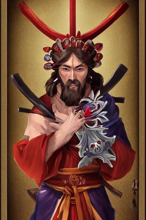 Image similar to A card with description and status of samurai Jesus Christ as a DOTA 2 character holding a Sacred Heart armor and katana, card game, card, trade card game, Artifact Dota2, by Stanley Artgerm Lau, WLOP, Rossdraws, James Jean, Andrei Riabovitchev, Marc Simonetti, Yoshitaka Amano, ArtStation, CGSociety,