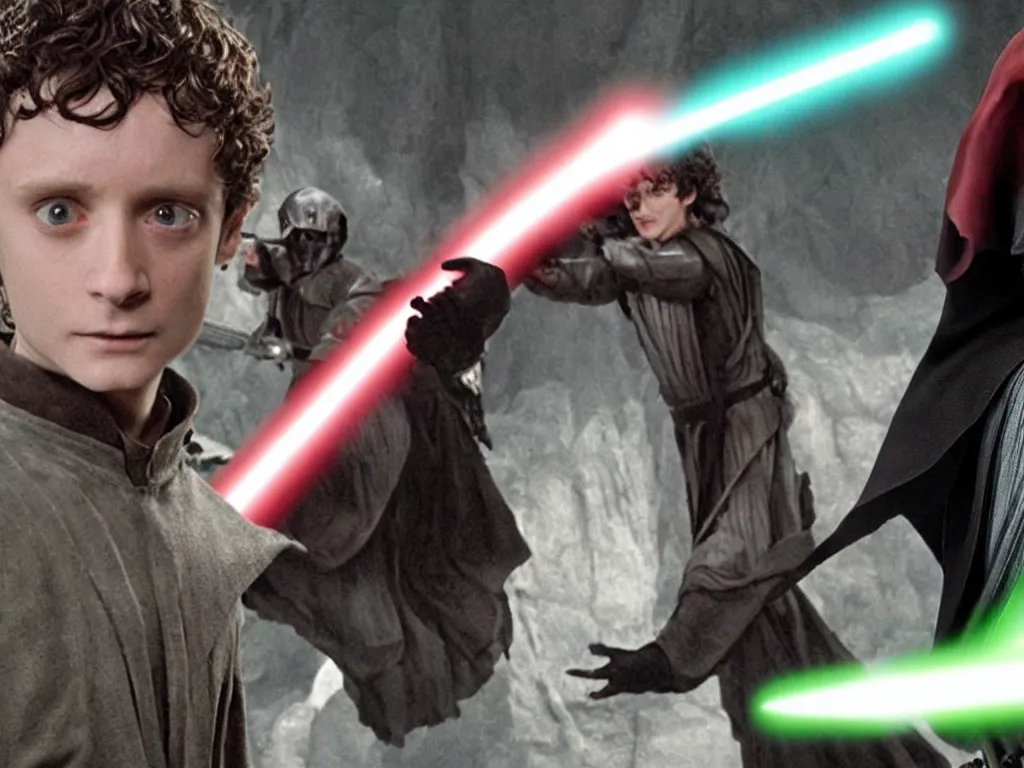 Image similar to Elijah Wood Frodo vs Darth Vader in lightsaber combat