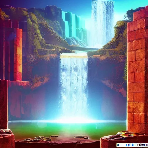 Image similar to old babylonian structure with waterfalls, retrowave epic art, trending on art station