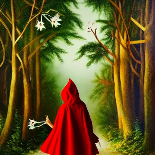 Prompt: oil painting of little red riding hood walking through a dark forest, flanked by brugmansia suaveolens trees with beautiful white flowers, scary